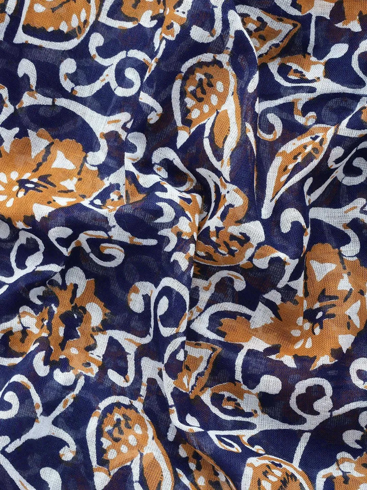 Blue Printed Cotton Saree - Libas