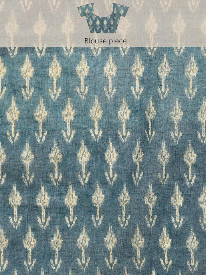 Blue Printed Cotton Saree - Libas