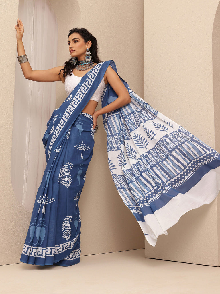 Libas Blue Printed Cotton Saree With Unstitched Blouse Piece