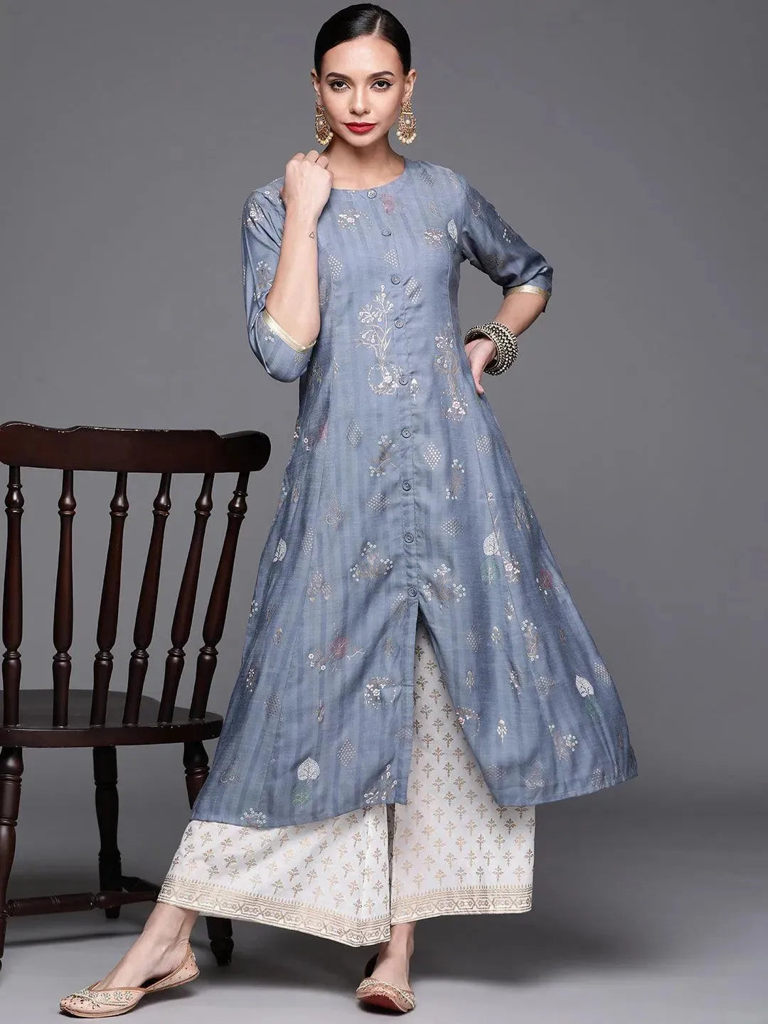 Blue Printed Cotton Silk Kurta - Libas