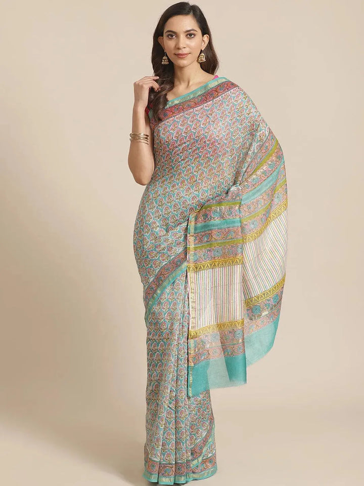 Blue Printed Cotton Silk Saree - Libas