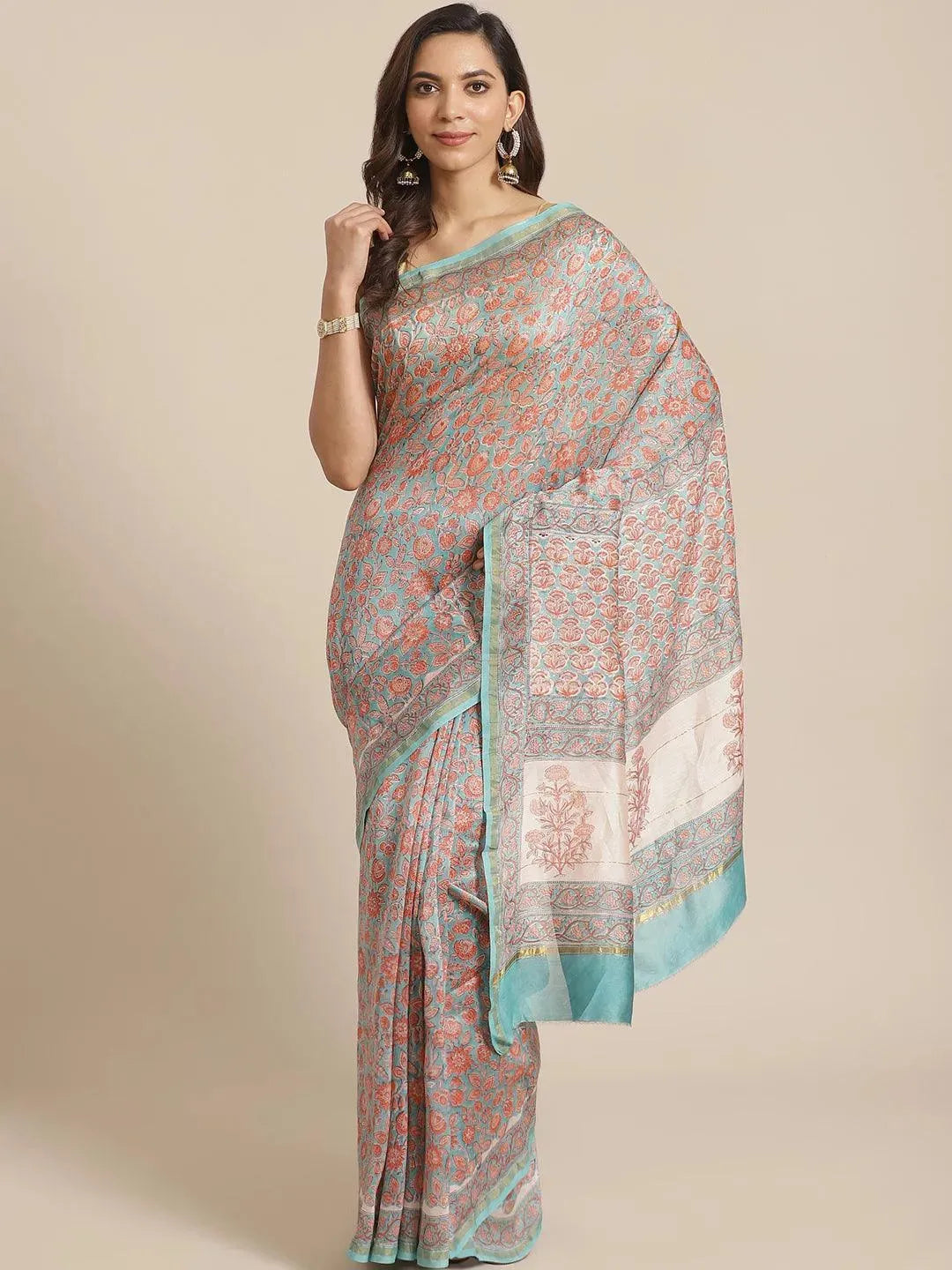 Blue Printed Cotton Silk Saree - Libas