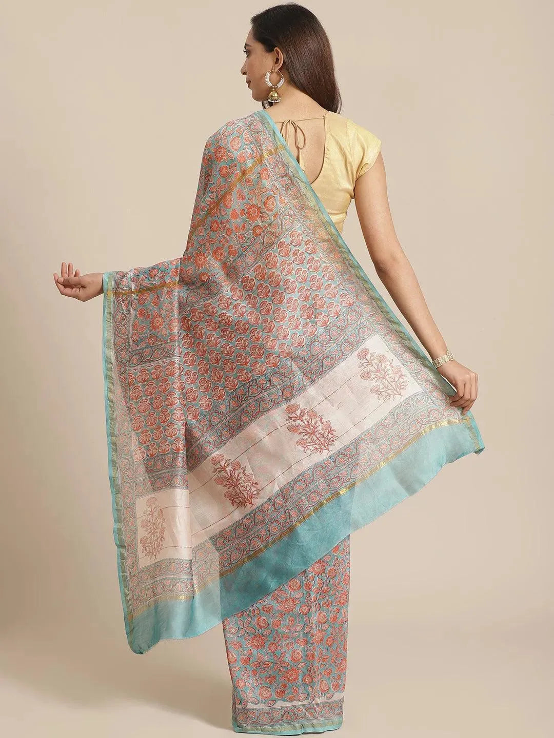 Blue Printed Cotton Silk Saree - Libas