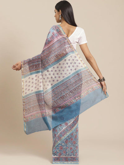 Blue Printed Cotton Silk Saree - Libas