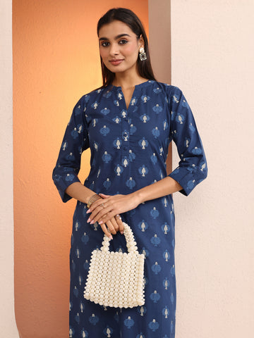 Libas Blue Printed Cotton Straight Kurta