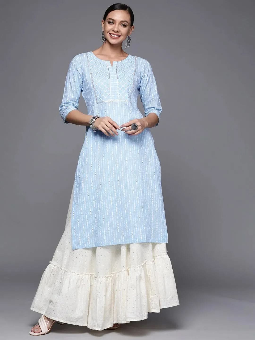 Blue Printed Cotton Straight Kurta - Libas 
