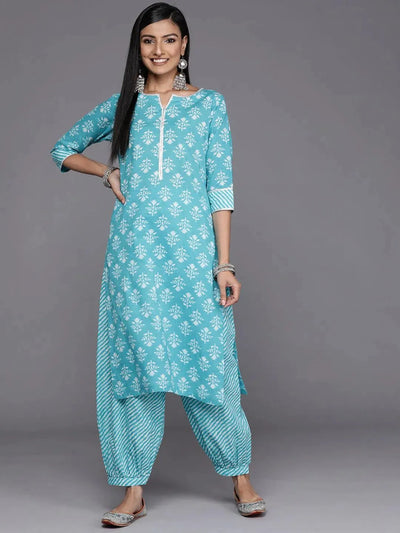 Blue Printed Cotton Straight Kurta - Libas