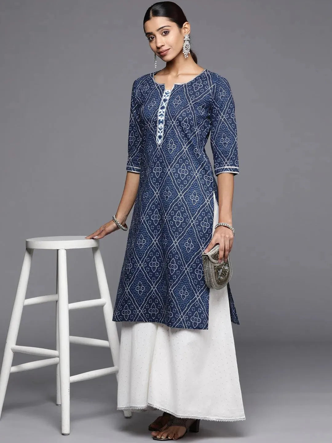 Blue Printed Cotton Straight Kurta - Libas