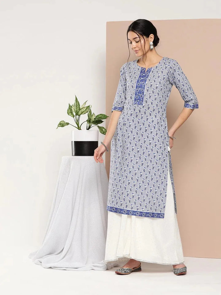 Blue Printed Cotton Straight Kurta - Libas