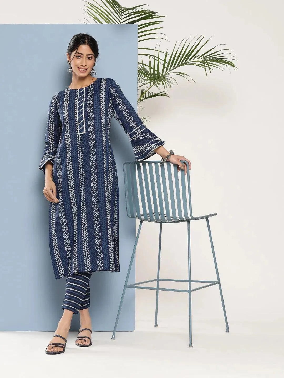 Blue Printed Cotton Straight Kurta - Libas