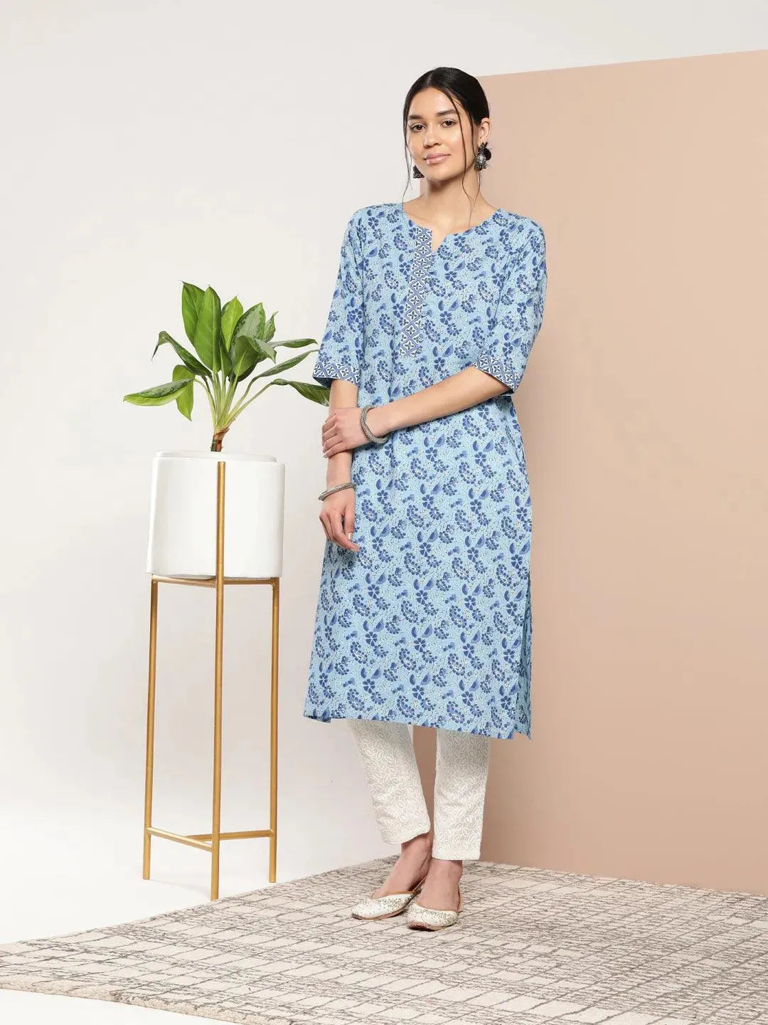 Blue Printed Cotton Straight Kurta - Libas