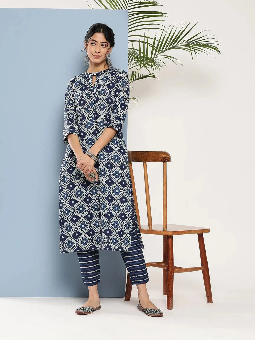 Blue Printed Cotton Straight Kurta - Libas