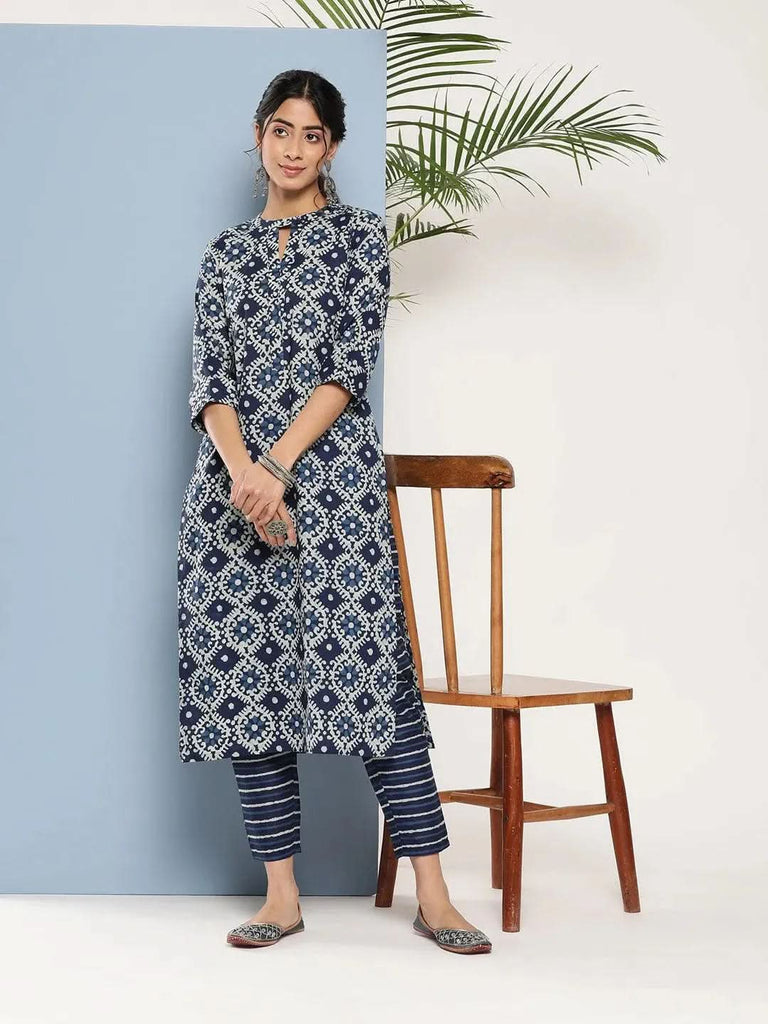 Libas Blue Printed Cotton Straight Kurta