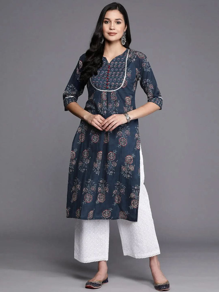 Libas Blue Printed Cotton Straight Kurta