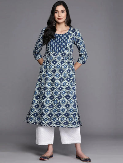 Blue Printed Cotton Straight Kurta - Libas