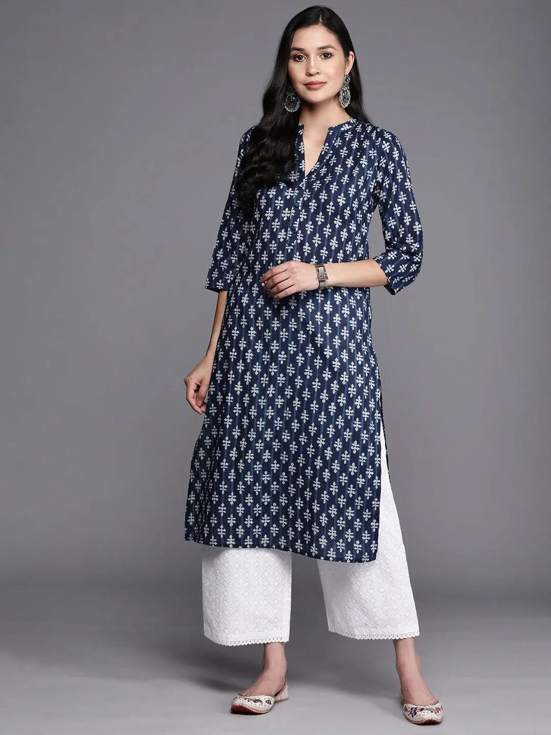Blue Printed Cotton Straight Kurta