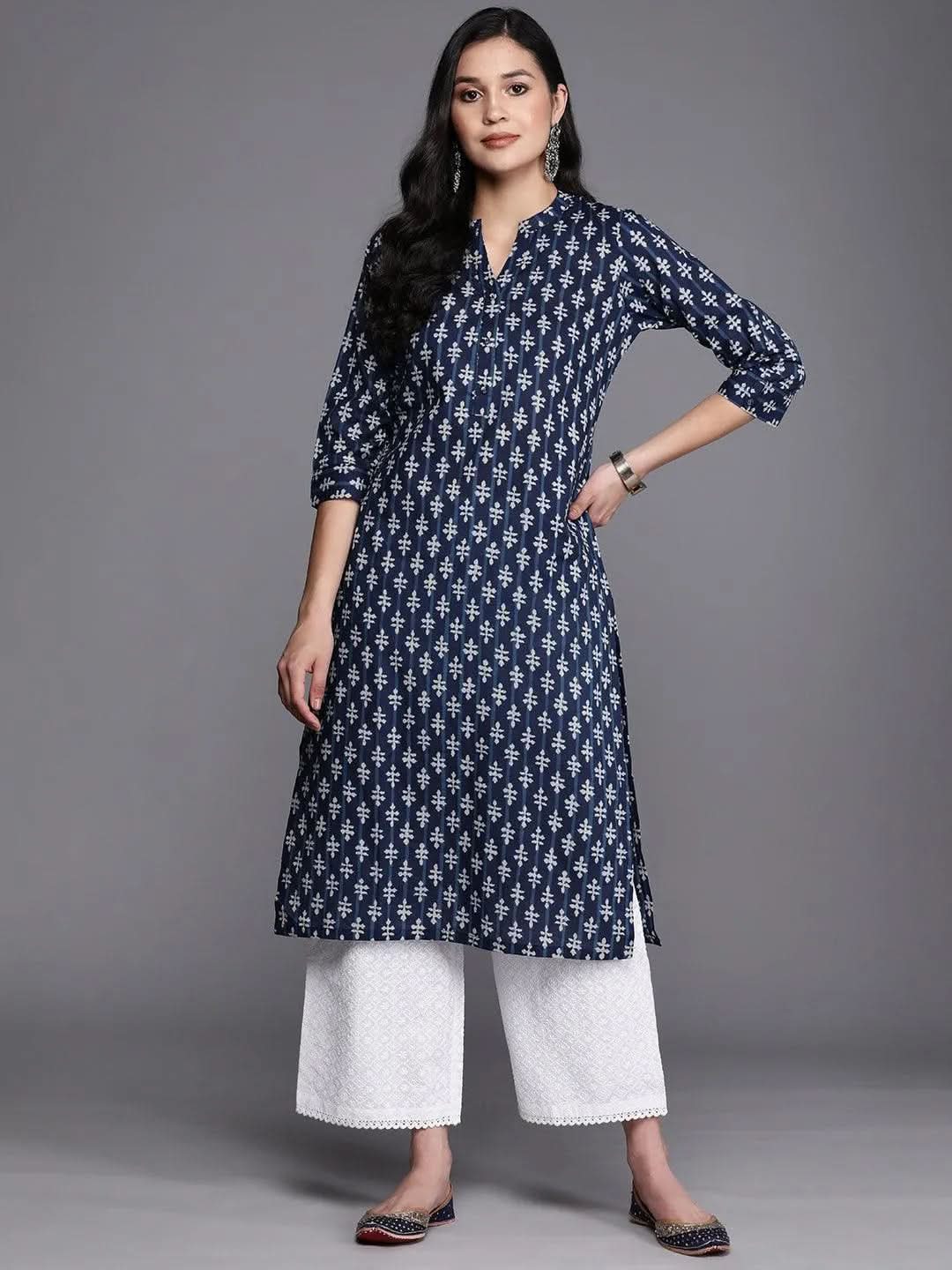 

Blue Printed Cotton Straight Kurta