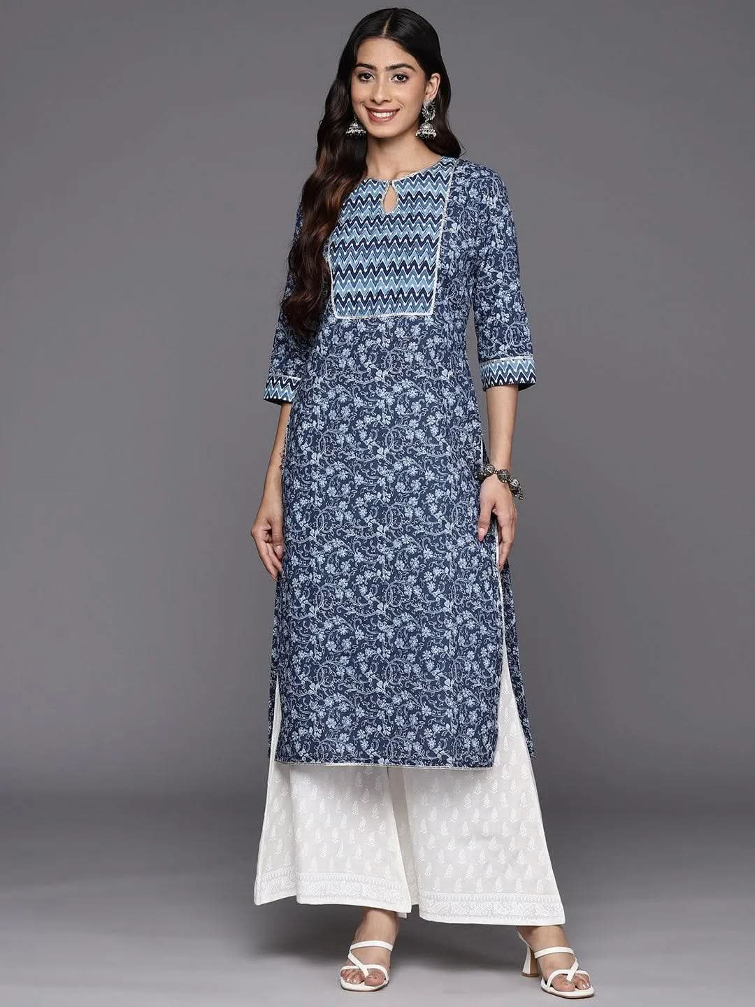 

Blue Printed Cotton Straight Kurta