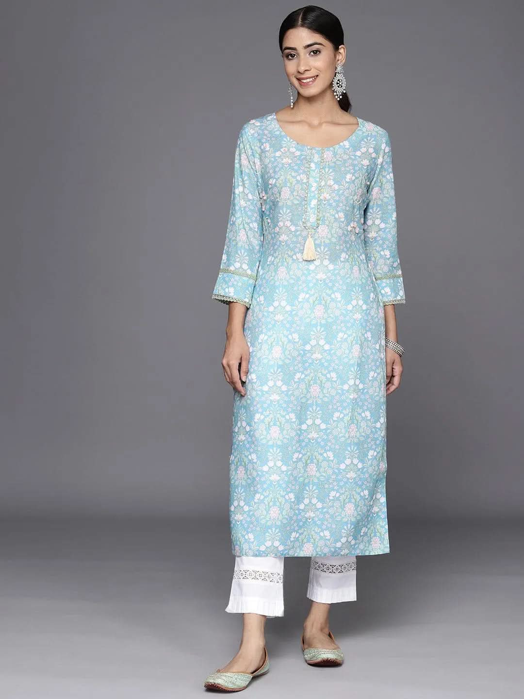 Blue Printed Cotton Straight Kurta - Libas 