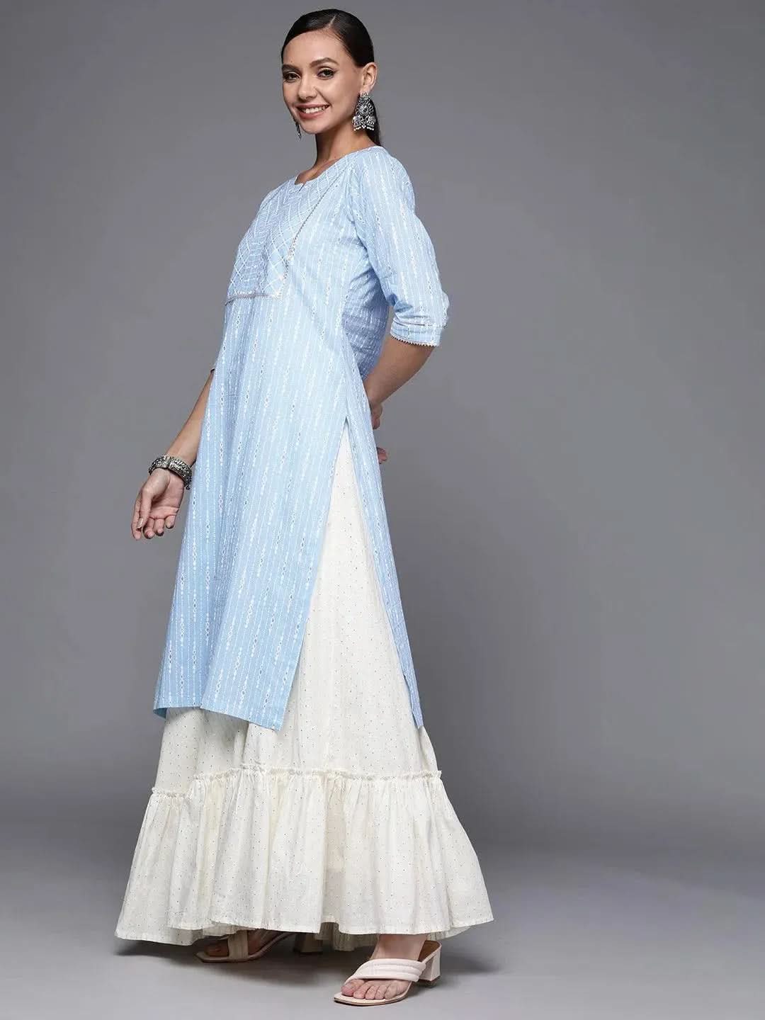 Blue Printed Cotton Straight Kurta - Libas 