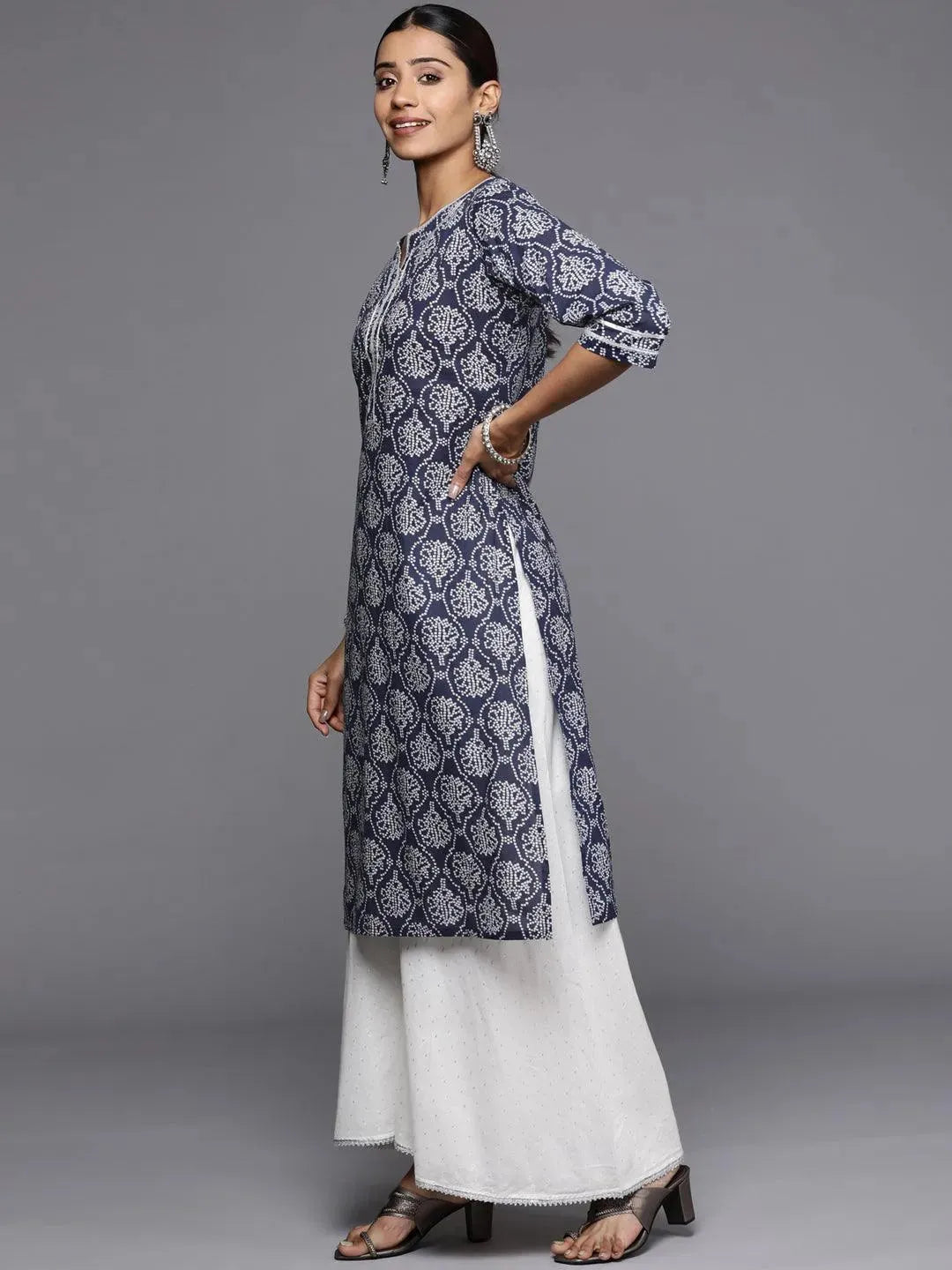 Blue Printed Cotton Straight Kurta - Libas