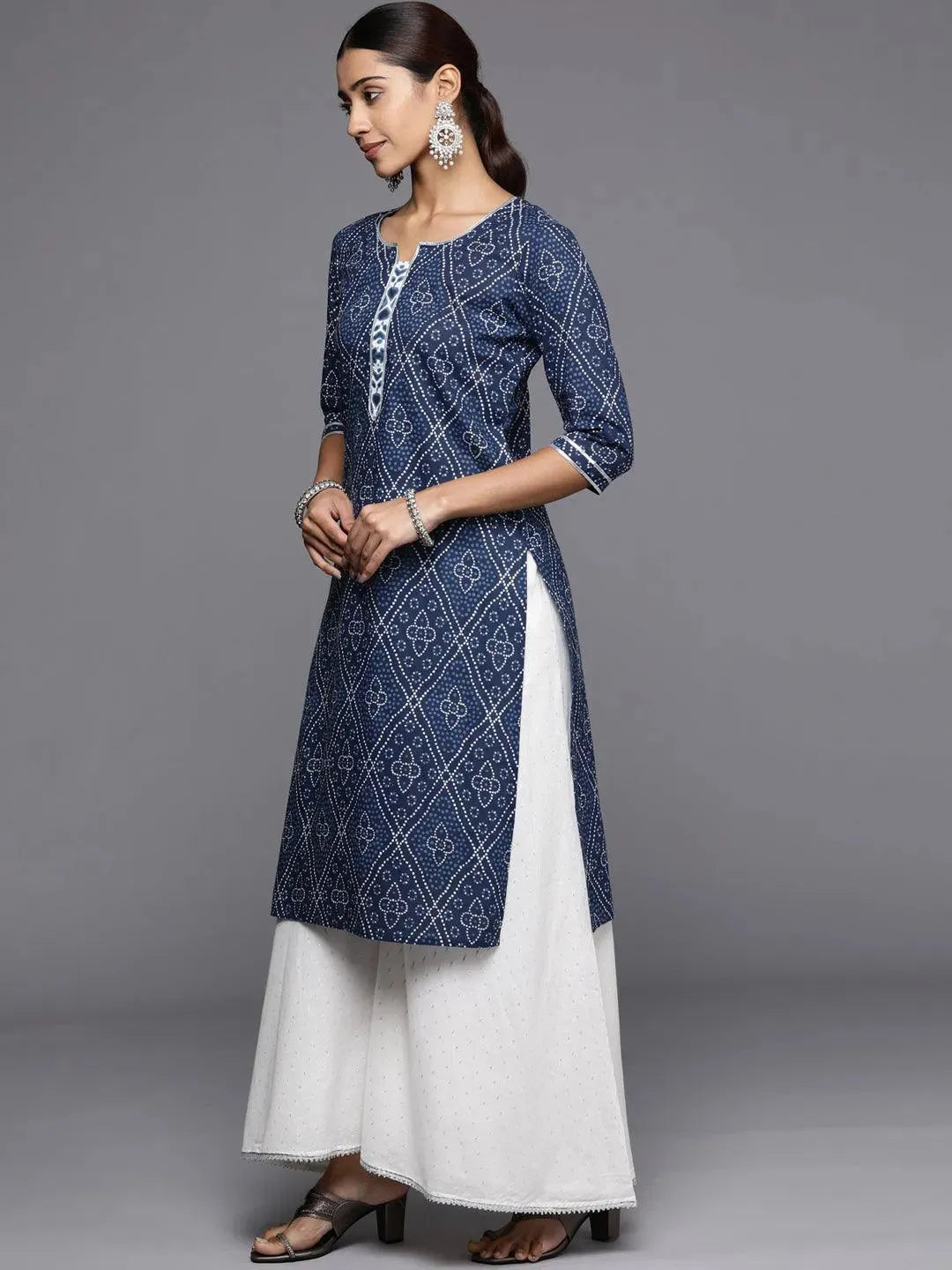 Blue Printed Cotton Straight Kurta - Libas 