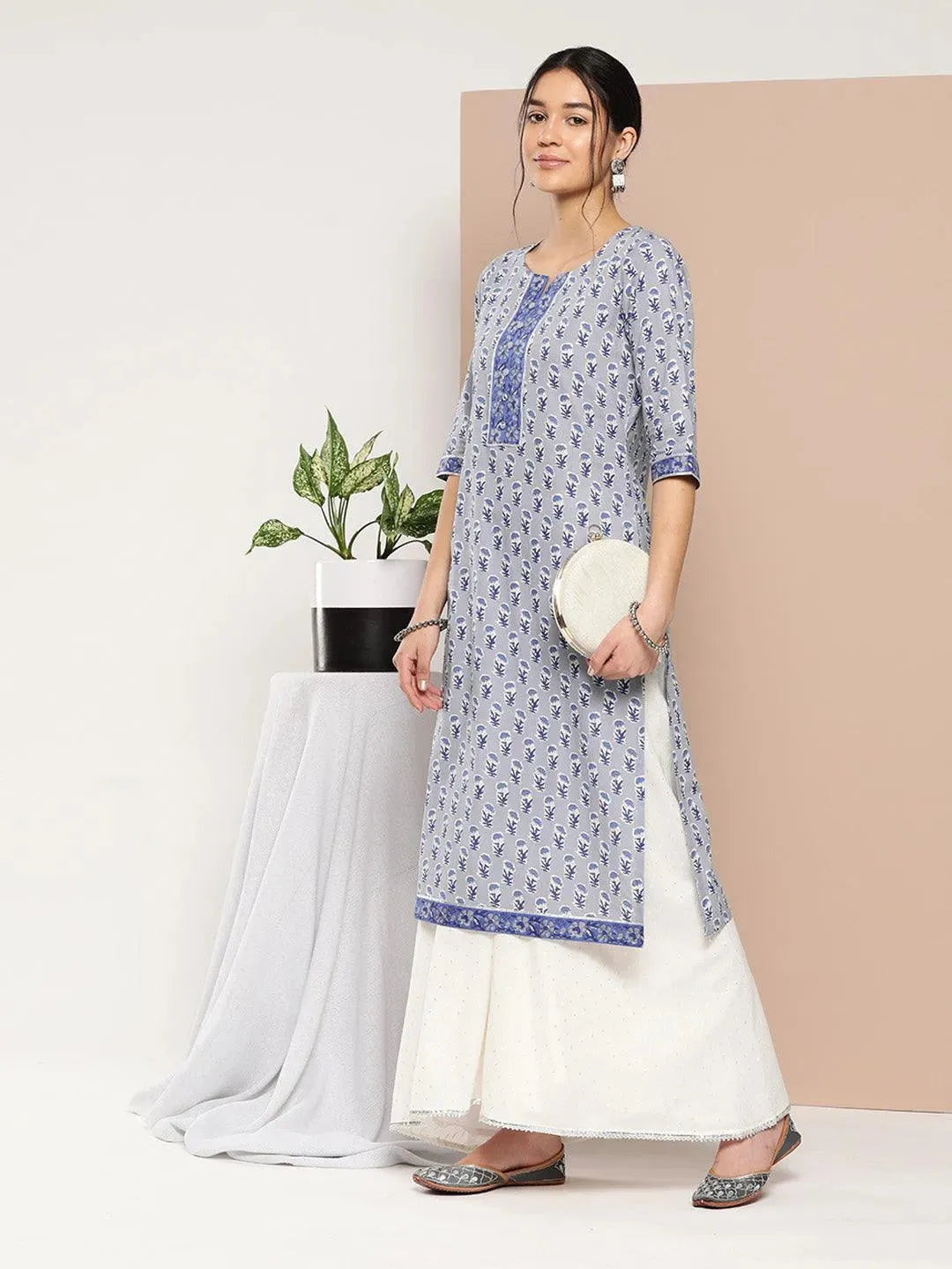 Blue Printed Cotton Straight Kurta - Libas