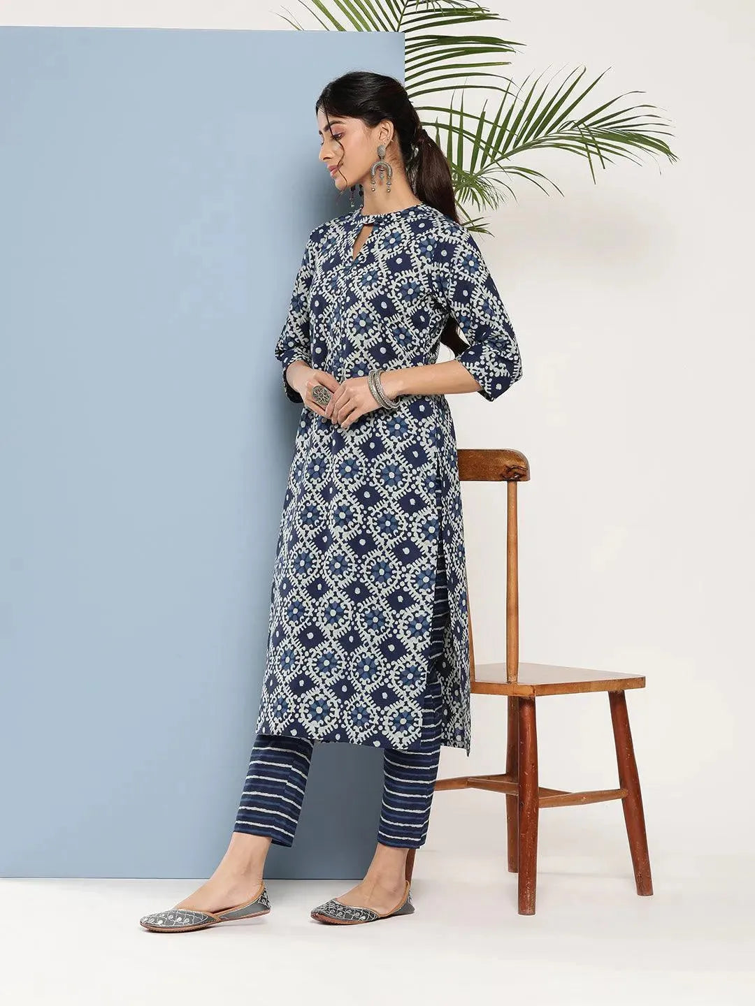 Blue Printed Cotton Straight Kurta - Libas