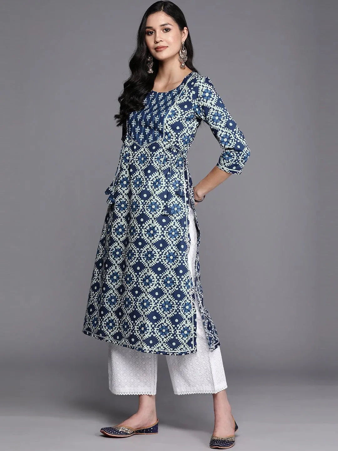 Blue Printed Cotton Straight Kurta - Libas