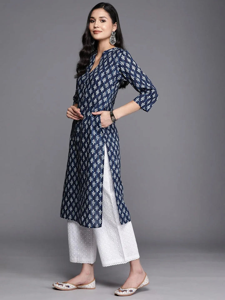 Blue Printed Cotton Straight Kurta - Libas