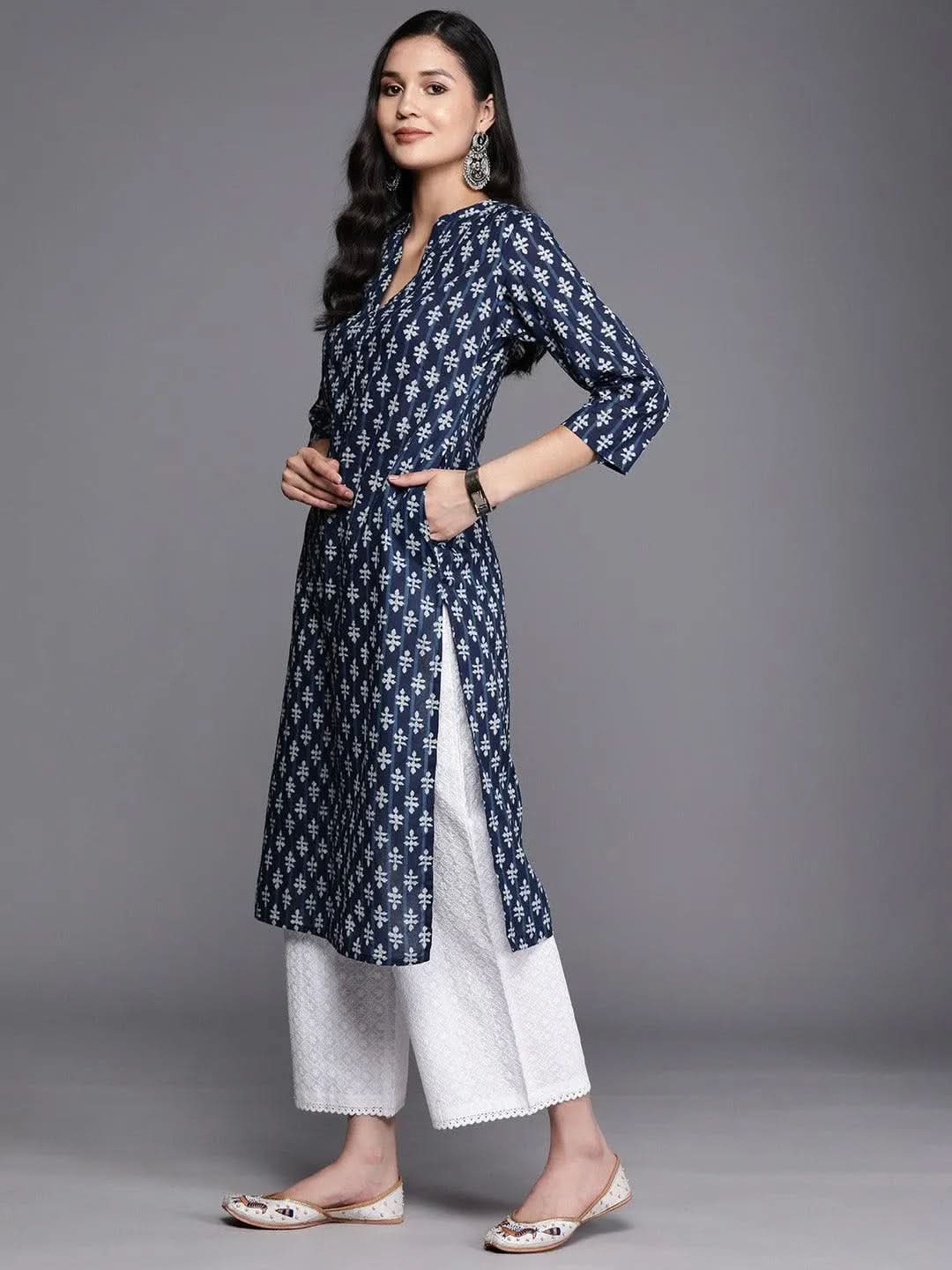 

Blue Printed Cotton Straight Kurta