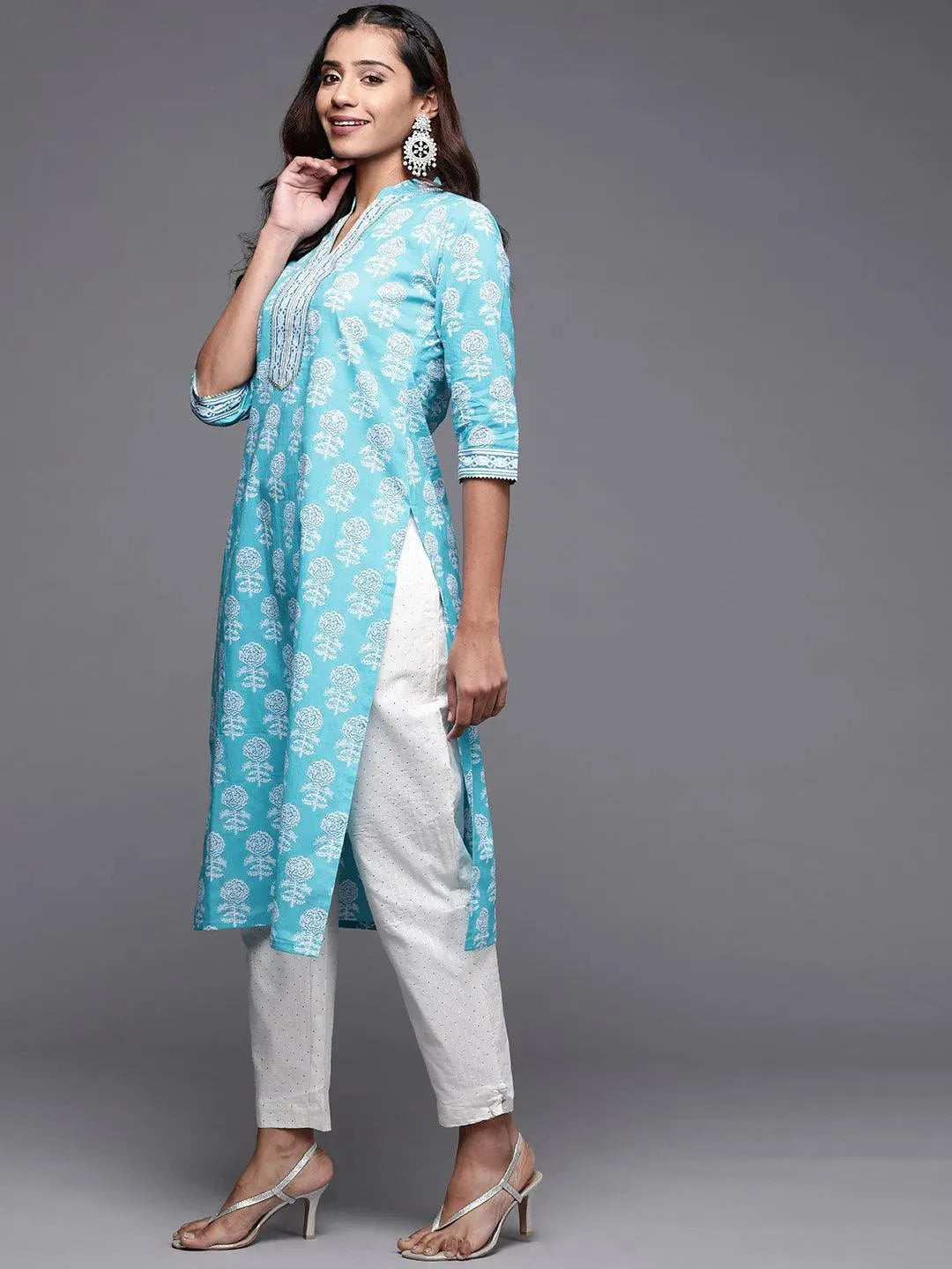 Blue Printed Cotton Straight Kurta - Libas 