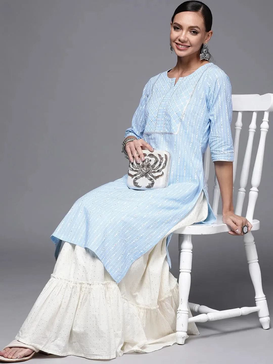 Blue Printed Cotton Straight Kurta - Libas 