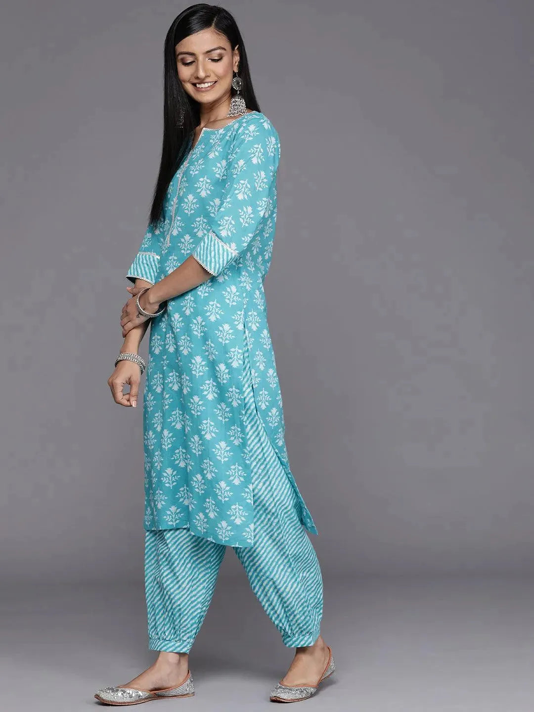 Blue Printed Cotton Straight Kurta - Libas