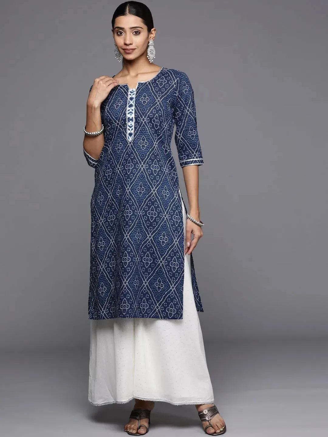Blue Printed Cotton Straight Kurta - Libas 