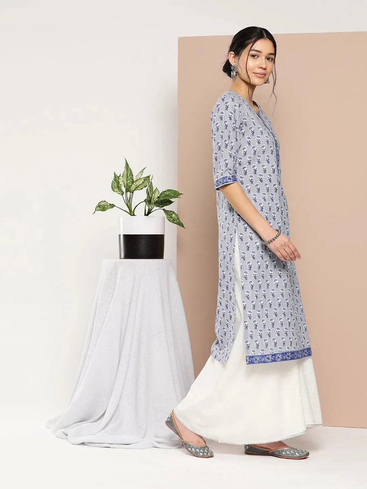 Blue Printed Cotton Straight Kurta - Libas