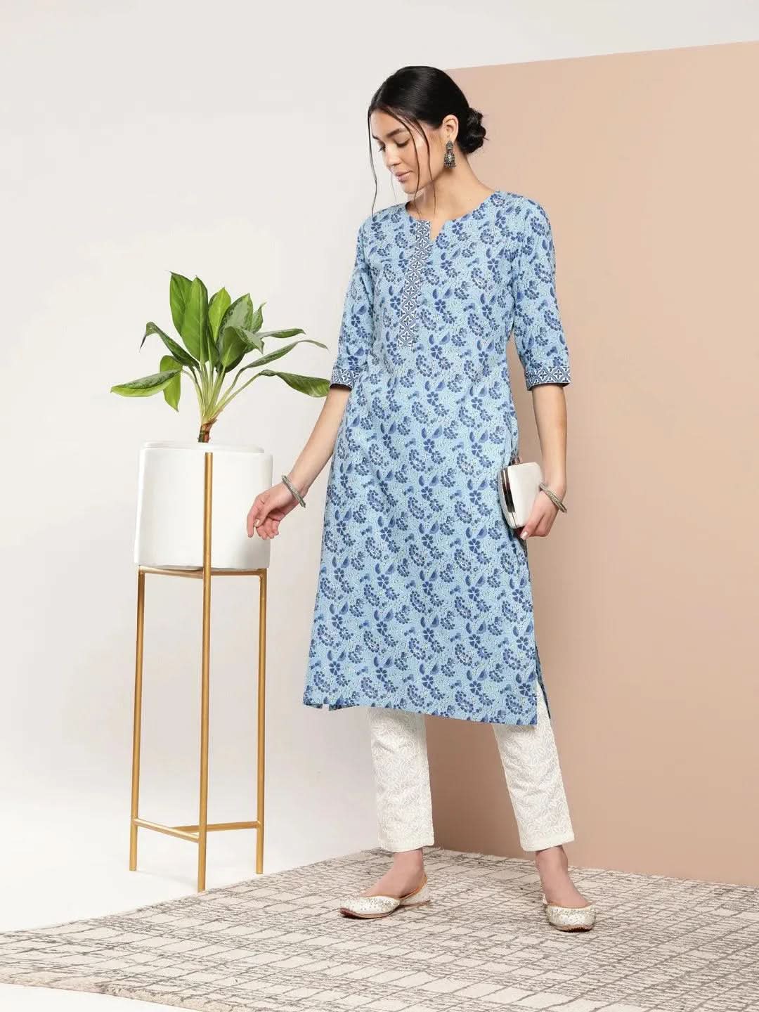 

Blue Printed Cotton Straight Kurta