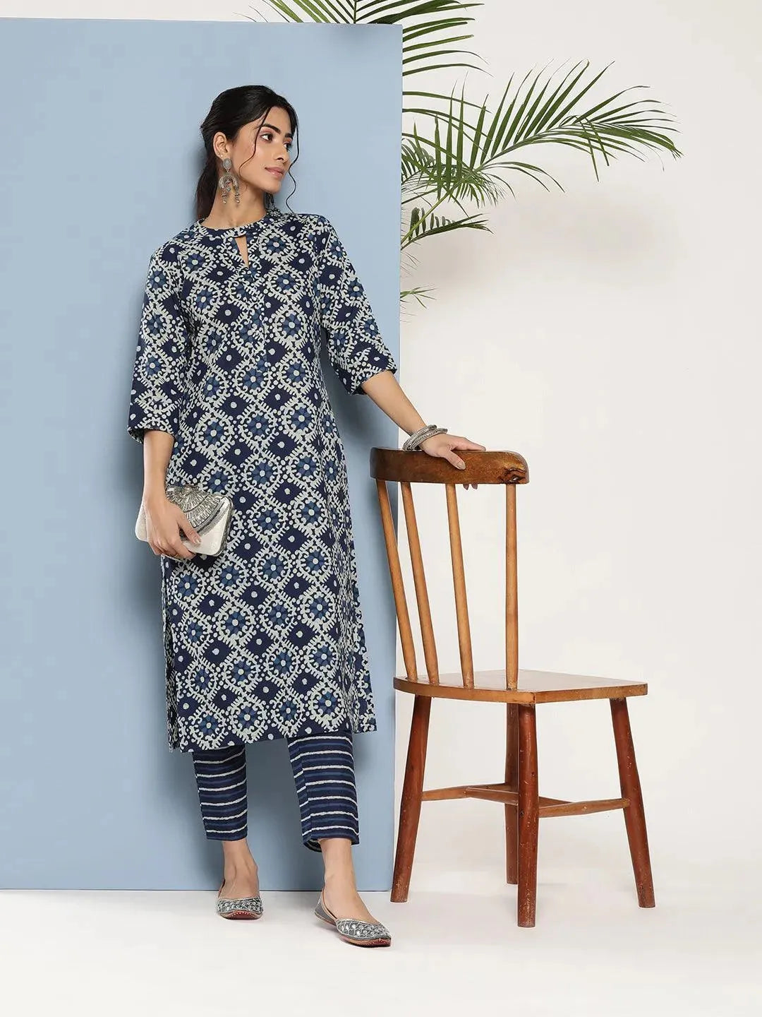 Blue Printed Cotton Straight Kurta - Libas