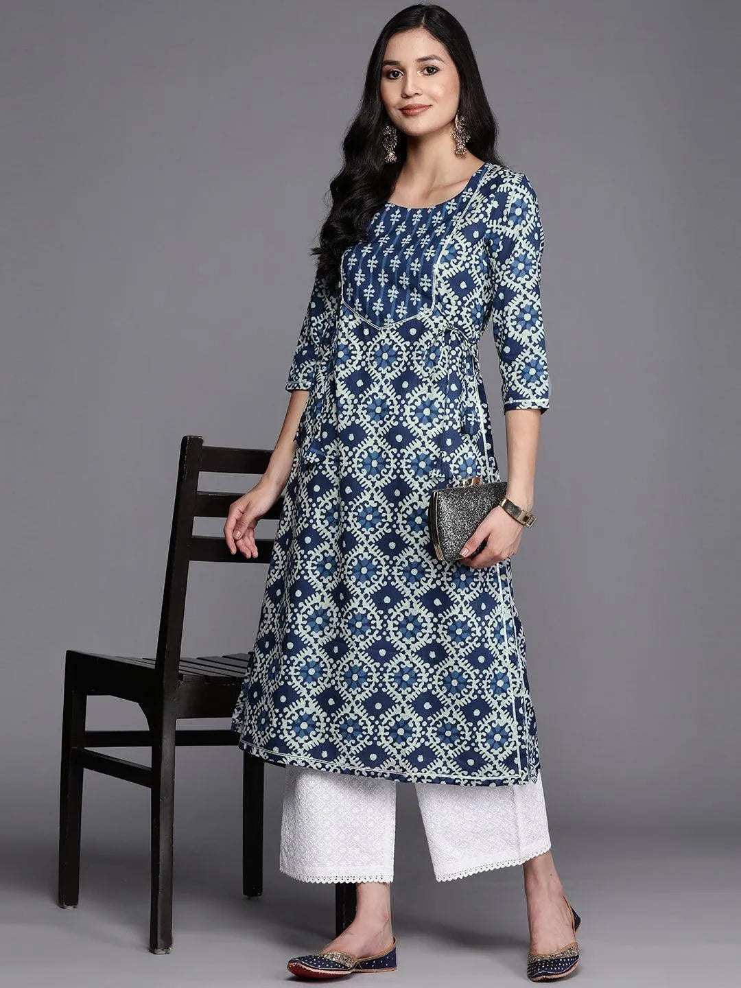 Blue Printed Cotton Straight Kurta - Libas