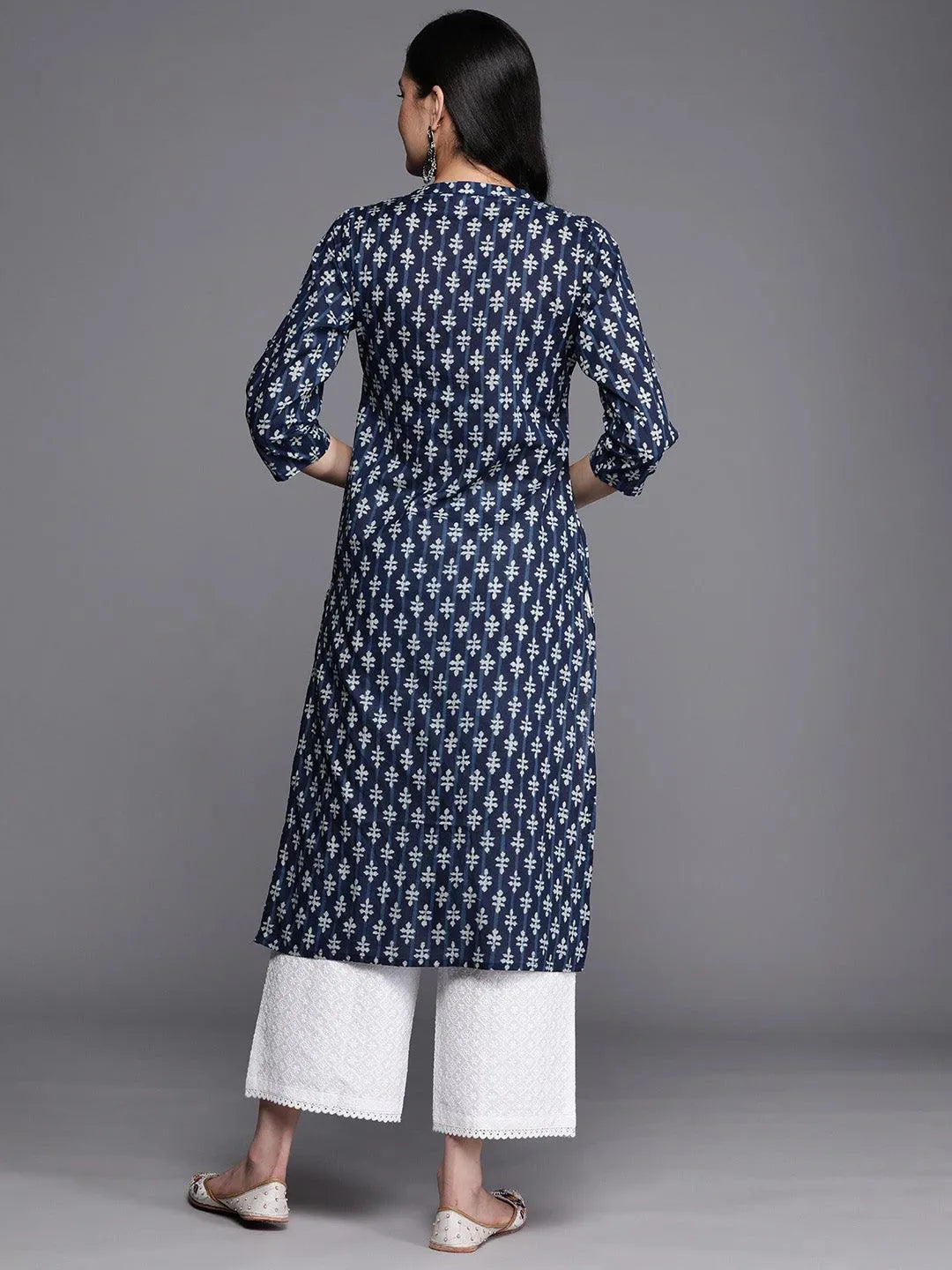 Blue Printed Cotton Straight Kurta - Libas 