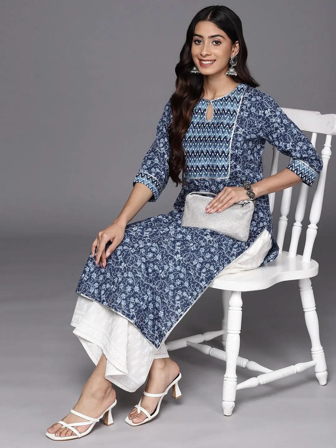 Blue Printed Cotton Straight Kurta - Libas 