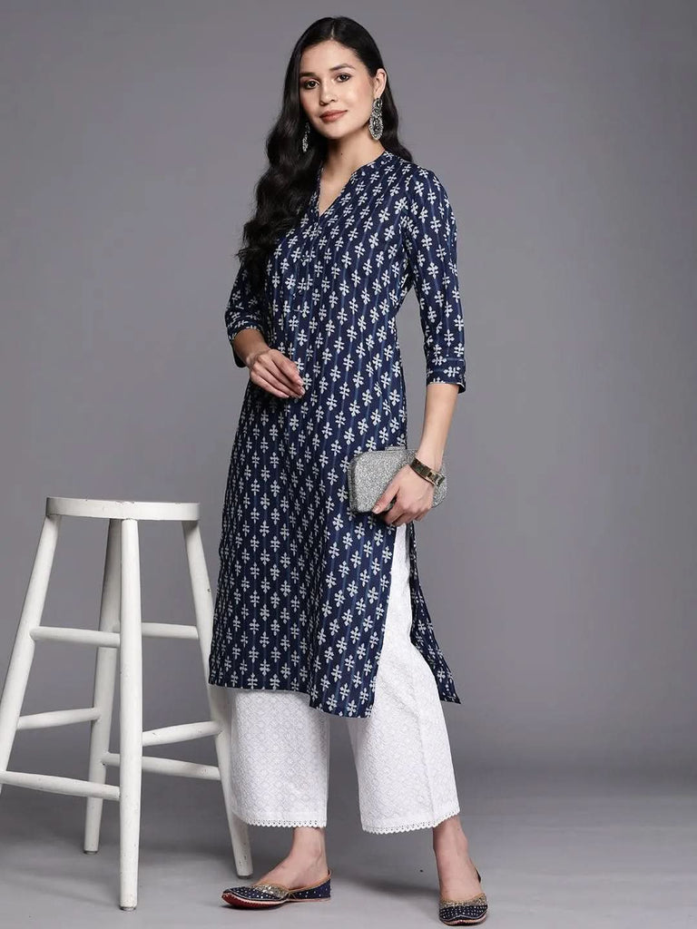 Gerua Blue Printed Cotton Blend Straight Kurta
