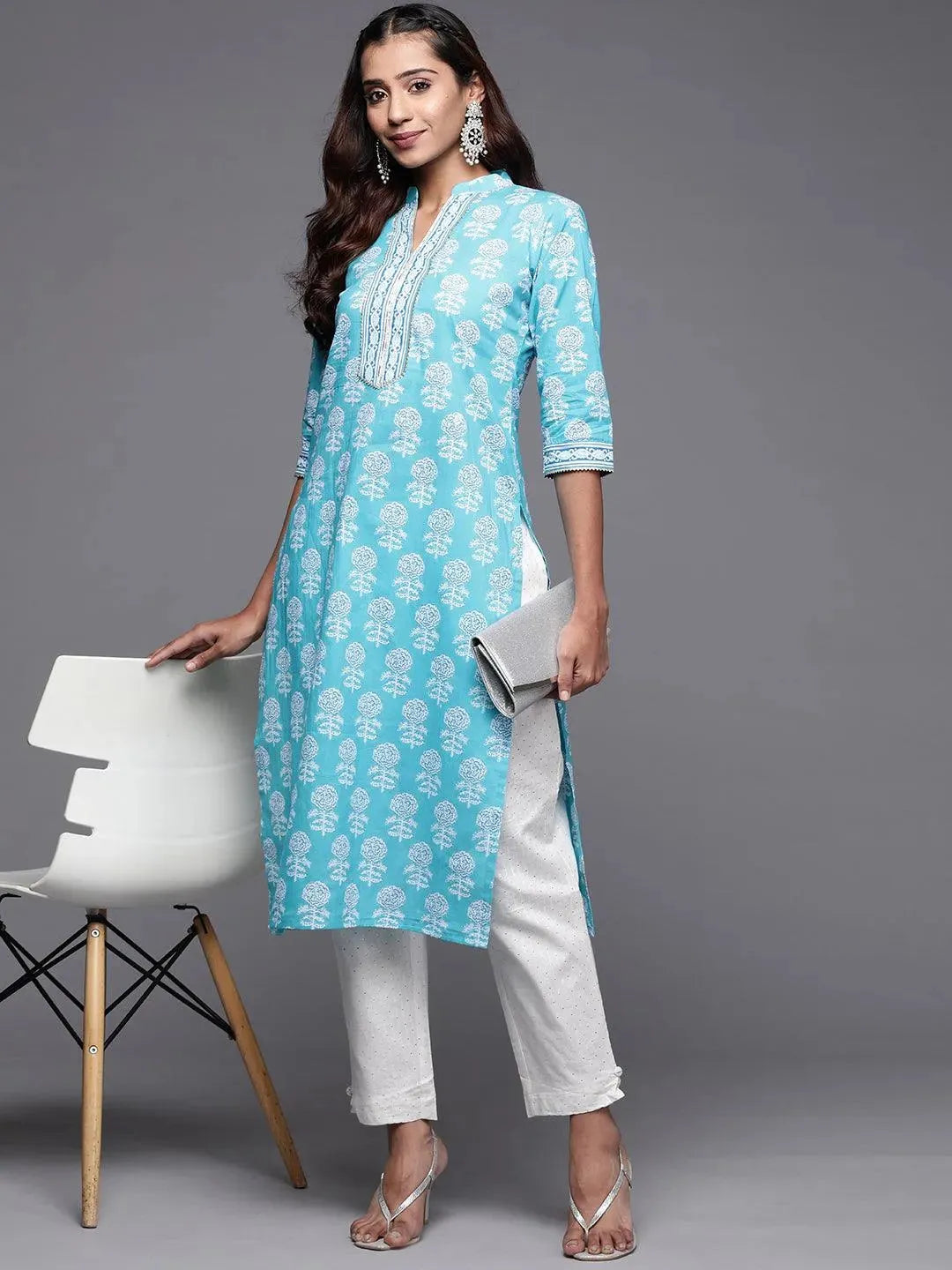 Blue Printed Cotton Straight Kurta - Libas 