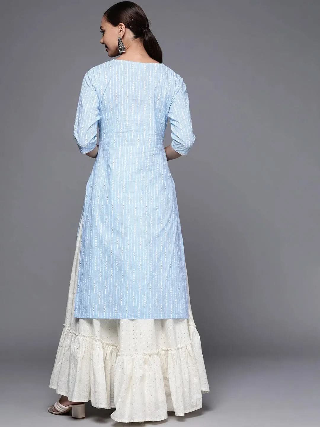 Blue Printed Cotton Straight Kurta - Libas 
