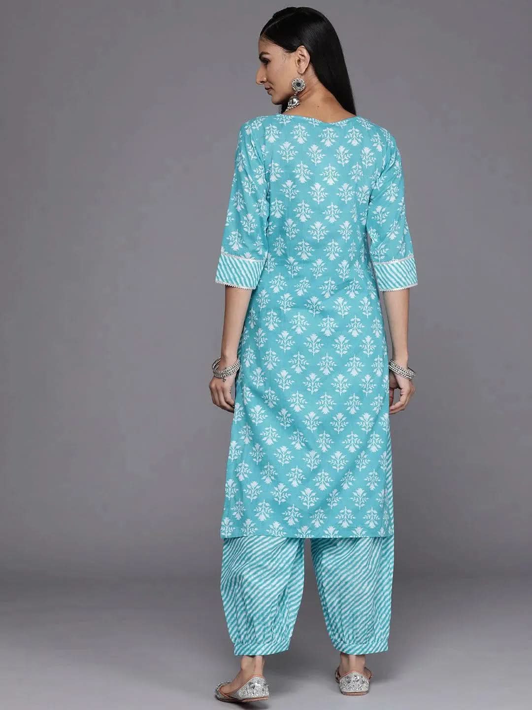 Blue Printed Cotton Straight Kurta With Trousers and Dupatta main image 0