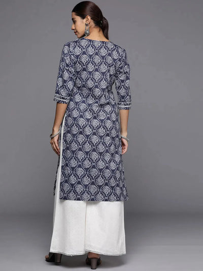 Blue Printed Cotton Straight Kurta - Libas