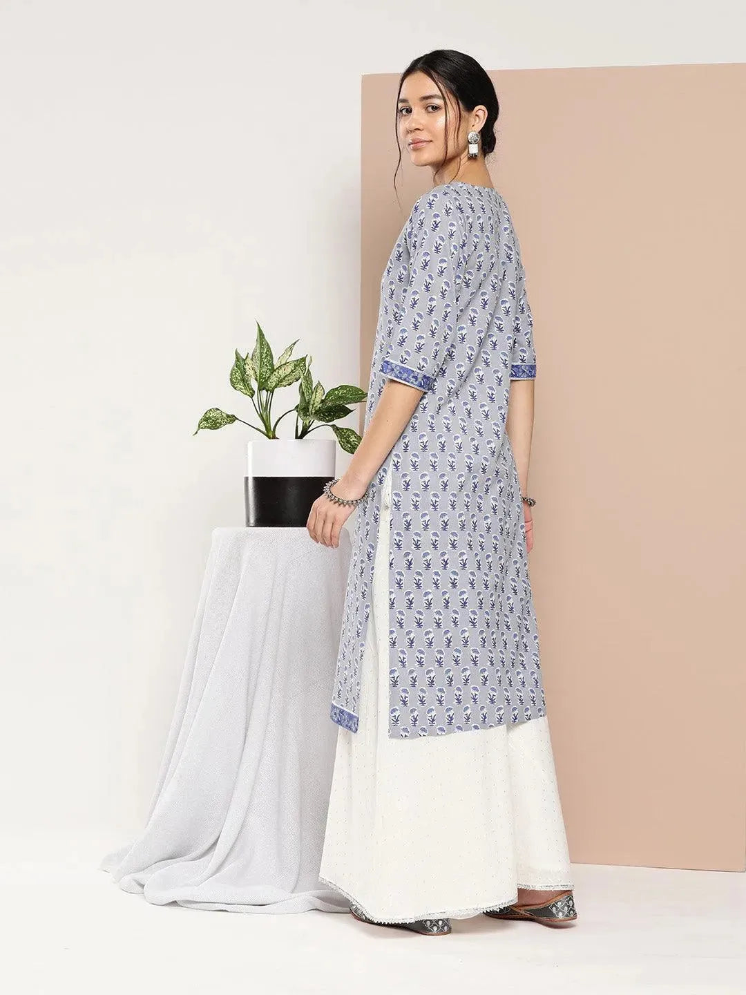 Blue Printed Cotton Straight Kurta - Libas 