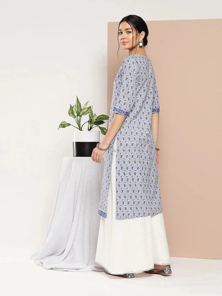 Blue Printed Cotton Straight Kurta - Libas