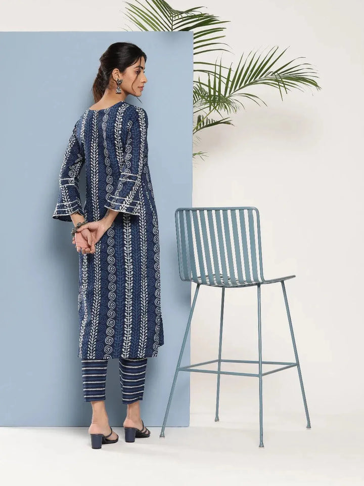 Blue Printed Cotton Straight Kurta - Libas