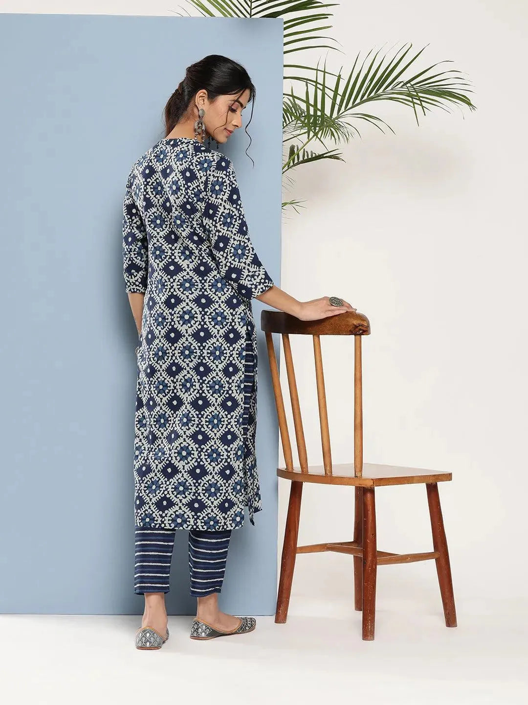 Blue Printed Cotton Straight Kurta - Libas